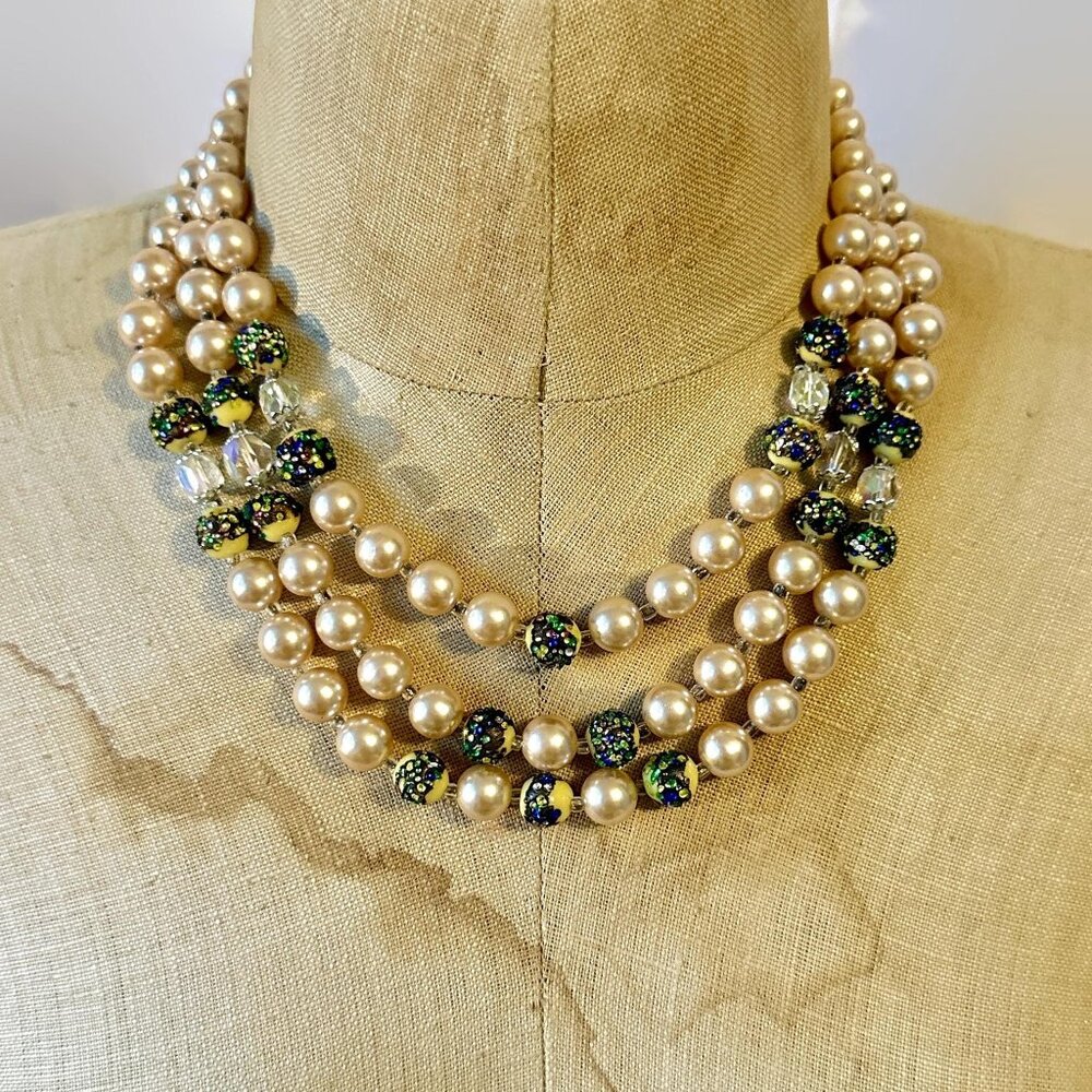 Japan Necklace, Earrings, Demi Parure, Triple Strands, Faux Pearls, Unique Beads